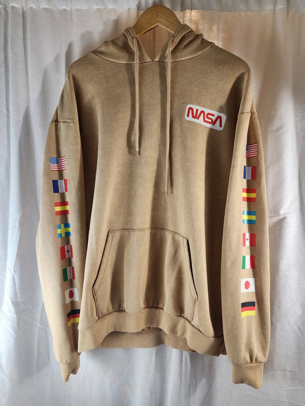 NASA Tan Pullover Hoodie - Men's Flag Sleeve Sweatshirt L